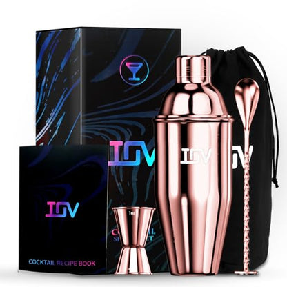 IOV Cocktail Shaker Bar Set, 24oz Martini Shaker with Built-In Strainer, Bar Tool Kit with Recipes Booklet, Professional Stainless Steel Large Bartender Drink Shaker Margarita alcohol Mixer- Rose Gold - color: 3 Pcs - Rose Gold