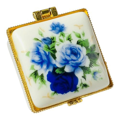 Tiny Square Porcelain Trinket Box | Blue Rose Bouquet | French Style Gift Box with Velvet Bag - style: Blue Rose Bouquet Square