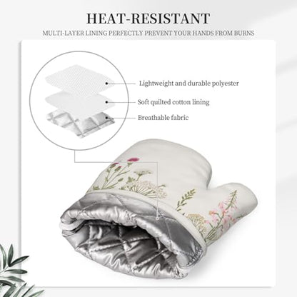 Wildflower Botanical Oven Mitts and Pot Holders Set Silicone Heat Resistant Floral Plant Herbs Sage Green Leaves Kitchen Gloves Set Kitchen Mittens Pot Holders for Cooking Baking Grilling - color: Sage Green