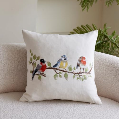1PS Three Birds Branch Embroidery Craft Throw Pillow Cover, Natural Linen Fabric Decorative Cushion Cover, No Insert for Farmhouse Sofa Home Decor (Beige, 45x45cm) - size: 17.7" x 17.7" (Pack of 1)
