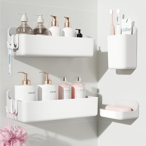 Nieifi Adhesive Shower Shelves, White, 4 Pieces | Rustproof ABS, Large Capacity, Removable Design, Easy-Clean, No Drilling Shower Organizer for Bathroom Storage & Home Decor - color: White, size: 4 pieces
