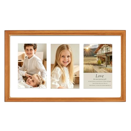 4x6 Collage Picture Frame,Solid Wood with Real Glass, Multi Picture Frame for Three 4x6 Photos or One 8x14 Print,Handcrafted Rounded Corner,Horizontal or Vertical Wall Mounting-Teak - color: Teak, size: 8×14