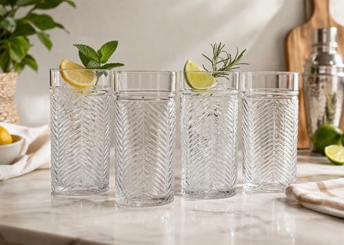 Highball Glasses Set of 4 Herringbone, 15.5 oz Tall Drinking Glasses, Elegant Textured Premium Glassware Tumblers for Water, Juice, Cocktails, Everyday use Vintage Style Beverage Glass Set
