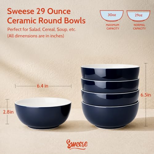 Sweese Ceramic Soup Bowl Set of 4, 29 oz Round Pasta Bowl Stackable Serving Bowl for Salad, Soup, Ramen, Fruit and Family Meals, Navy - color: Navy, size: 28 Ounce (Set of 4)