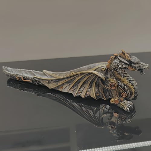 13'' L Mechanical Dragon Incense Holder Burner Stick Sculpture | resin steampunk mystical gothic decor for man cave long ash catcher tabletop aromatherapy ornaments industrial gears gifts