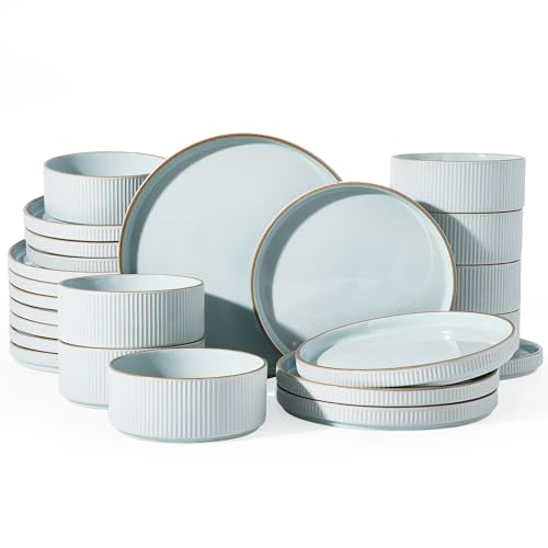 Famiware Stoneware Dinnerware Sets for 8, Rimmed Plates, Bowls, Blue Dishes | 24-Piece Chip & Scratch Resistant Ceramic, Microwave & Dishwasher Safe, Everyday & Formal Dining, Modern Rustic, Lipped Edges - color: Light Blue, size: Service for 8