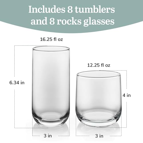 Libbey Ascent Tumbler & Rocks Drinking Glasses Set of 16, Clear Glass Cups | 16.25 oz & 12.25 oz Capacities Glasses for Water, Juice, Cocktails, and More with Curved Design and Dishwasher-Safe Care - color: 01 - Ascent