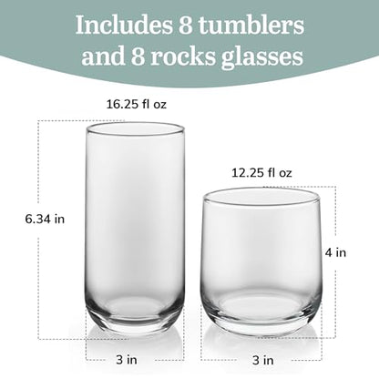 Libbey Ascent Tumbler & Rocks Drinking Glasses Set of 16, Clear Glass Cups | 16.25 oz & 12.25 oz Capacities Glasses for Water, Juice, Cocktails, and More with Curved Design and Dishwasher-Safe Care - color: 01 - Ascent