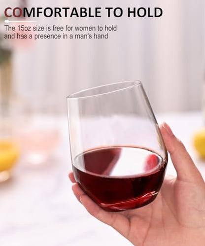 OJA Wine Glasses Set, Crystal Stemless Red Wine Glass, Set of 4, 15 oz | No Stem, Clear, Sturdy Drinking Glass for White Wine, Daily Use, Birthday, Wedding, Home Party, Anniversary, Shower Gift - style: Set of 4-15 oz