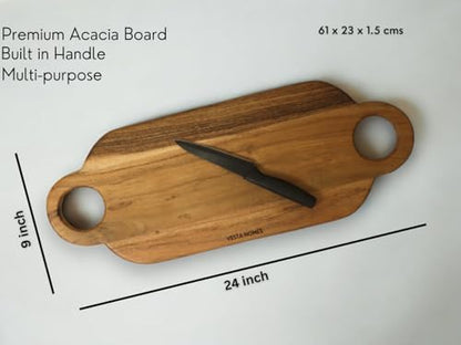 Vesta Homes Wooden Cutting Board, Platter, Serving Board, Charcuterie, and Cheese Board for Kitchen | Natural Acacia Wood | 24x9x0.6 inches | Handcrafted in India - size: 24"L x 9"W x 0.75"T