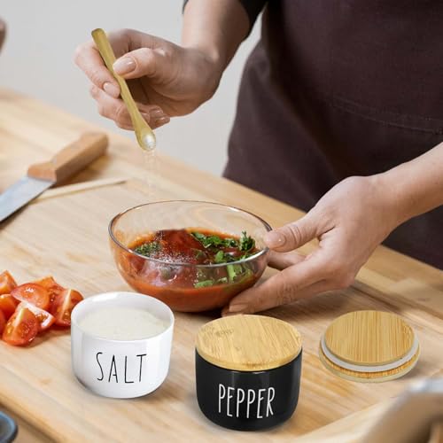 Farmhouse Salt And Pepper Containers,12 oz Salt Containers For Countertop,Stacked Ceramic Cellar With Bamboo Lid, Spice Box With Spoon,Seasoning Holder with lid,Ceramic Bowls (B&W)