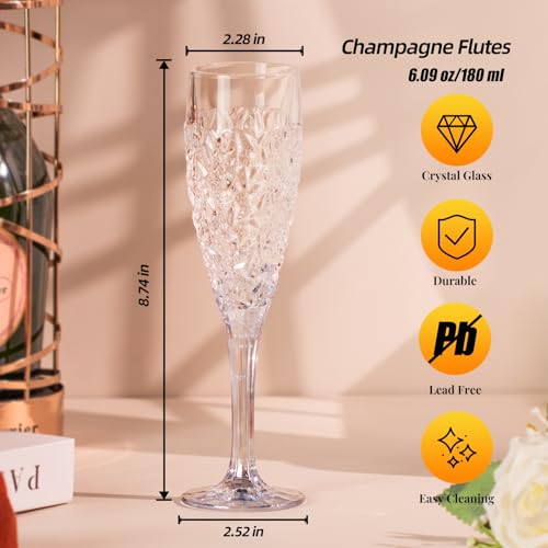 KAMMAK Champagne Flutes, Crystal Glass,180ML Champagne Glasses, Set of 2 | Clear Champagne Flutes with Long Stem and Thin Rim for Wine, Weddings, Anniversaries, Parties and Gifts, 616N - style: 180ML Nicole