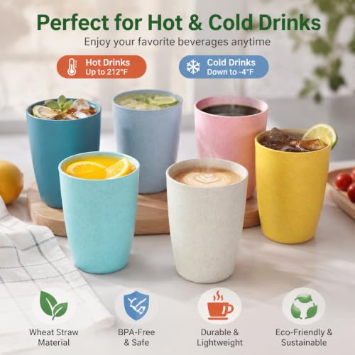 Wheat Straw Colored 6 Pack Kids Cups 12 OZ | Reusable Open Drinking Glasses BPA Free Dishwasher & Microwave Safe
