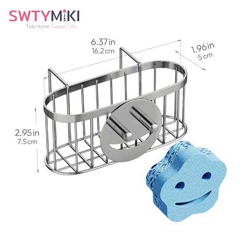 SWTYMIKI Sponge Holder for Kitchen Sink - Movable Sink Caddy with Smiley Face Sponge Holder, Rustproof Hanging Sponge Organizer in Double Bowl Sinks Depth>3.15in, Middle Divider<1.5in, Silver - color: Silver-smiley Sponge Holder