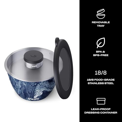 S’well Stainless Steel 64oz Salad Bowl Kit, Azurite Color, Includes 2oz Condiment Container and Removable Tray, Leak-Proof, Easy to Clean, Dishwasher Safe - color: Azurite Marble, size: 64oz