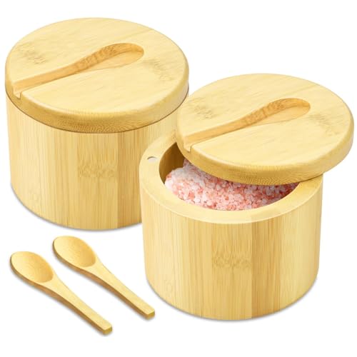 Flexzion Bamboo Salt Cellar with Lid and Spoon, Salt and Pepper Box, 2 Pack | 6 Oz Salt Containers for Countertop Storage with Magnetic Swivel Lids for Pepper, Spices, Sugar, Herbs, and Seasonings