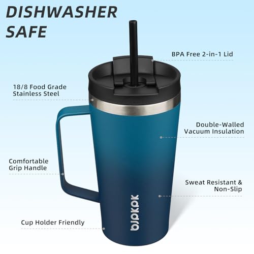 BJPKPK 18oz Insulated Tumbler with Handle, Lid & Straw, Stainless Steel | Double Wall Vacuum Insulated Coffee Travel Mug - Keeps Cold & Hot, BPA Free, Cupholder Fit for Office, Gym & Travel - color: Sea, size: 18 Ounces