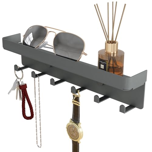 Wall Key Holder Rustic Key & Mail Organizer Adhesive Key Hook Shelf, Gray | Small Key Rack with Tray 6 Key Hooks Hanger Wall Mount for Entryway Hallway Living Room Decor, Metal - color: Gray