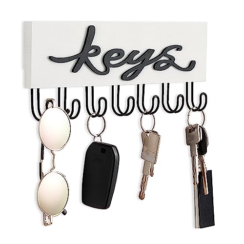 Mkono Key Holder Wall Mounted with 7 Hooks, Wood Key Hanger Home Decor | Decorative Key Hook, Easy Install, Storage Car Key Dog Leashes Sunglasses, Easy-To-Find, Entryway Mudroom Hallway Office Door - color: White