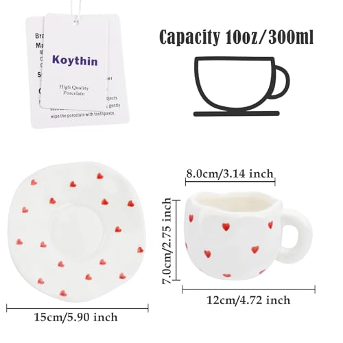 Koythin 10oz Ceramic Mug With Saucer, Small Red Heart Couple Latte Tea Cup | 300ml Heart Pattern Cup, Safe For Microwave & Dishwasher; Couple Cup - color: Small Red Heart