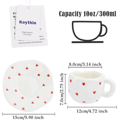 Koythin 10oz Ceramic Mug With Saucer, Small Red Heart Couple Latte Tea Cup | 300ml Heart Pattern Cup, Safe For Microwave & Dishwasher; Couple Cup - color: Small Red Heart