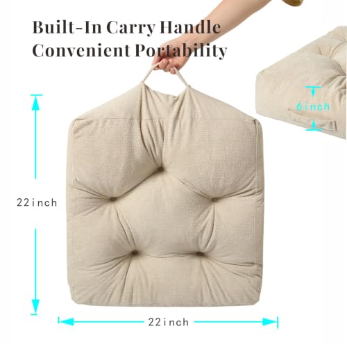 Floor Pillow Cushion with Handle for Adults Women Men | Large Meditation & Sitting Cushion Pillow for Tatami, Living Room, Yoga (1, Beige, Square, 22" x 22" x 6") - color: Beige, Square