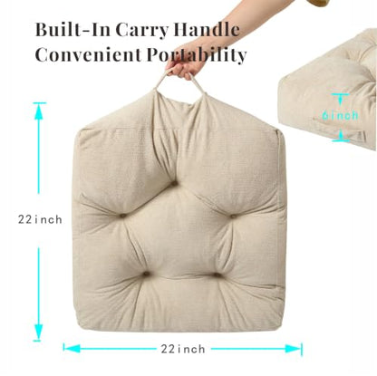 Floor Pillow Cushion with Handle for Adults Women Men | Large Meditation & Sitting Cushion Pillow for Tatami, Living Room, Yoga (1, Beige, Square, 22" x 22" x 6") - color: Beige, Square