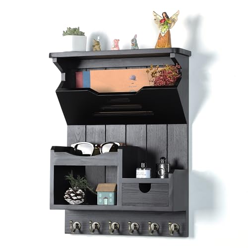 DOPACE Handcrafted Pine Wood Mail Organizer & Key Holder, Black | Hand-polished natural pine wood with storage drawer & 6 hooks, Fine spray paint finish, Easy wall mount - color: Black