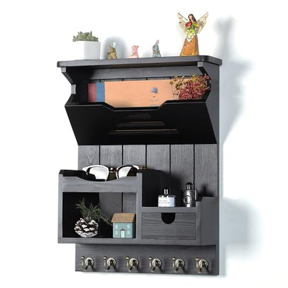 DOPACE Handcrafted Pine Wood Mail Organizer & Key Holder, Black | Hand-polished natural pine wood with storage drawer & 6 hooks, Fine spray paint finish, Easy wall mount - color: Black