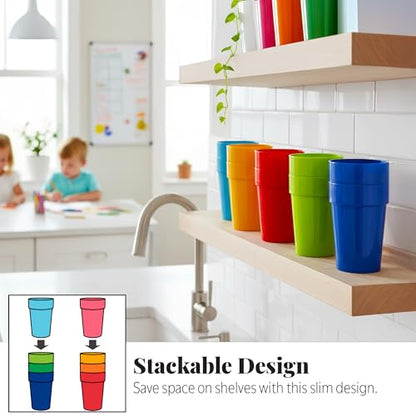 US Acrylic Spectrum Unbreakable Plastic 10 ounce Stackable Juice Tumblers in 8 Assorted Colors | Set of 16 Kids Drinking Cups | Reusable, BPA-free, Made in the USA, Top-rack Dishwasher Safe