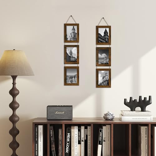 5x7 Collage Picture Frames Set of 2, Rustic Wooden Real Glass Vertical Hanging 3 Opening 5 by 7 Photo Frame, Brown - color: Brown, size: Vertical-5x7 in