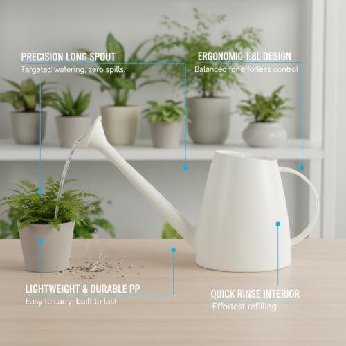 1.8L Long Spout Watering Can for Indoor Plants, Durable PP Plastic Pot Waterer with Precise Flow Control for Home Garden, Balcony & Windowsill - color: White