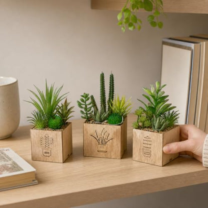 Artificial Succulents with LED Lights, Set of 3 Fake Plants in Wooden Boxes for Indoor Home Decor, Desk, Shelf, Bedroom and Office