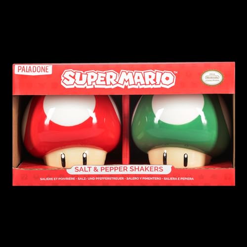 Super Mario Brothers Mushroom Salt and Pepper Shakers Officially Licensed Nintendo Red & Green 1-Up Ceramic Set for Kitchen & Home Decor, Housewarming Gift for Movie and Gaming Fans | Paladone