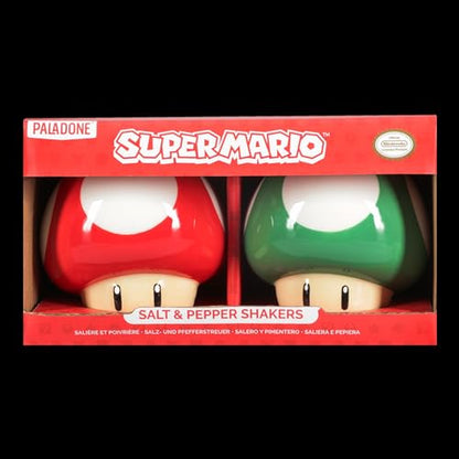 Super Mario Brothers Mushroom Salt and Pepper Shakers Officially Licensed Nintendo Red & Green 1-Up Ceramic Set for Kitchen & Home Decor, Housewarming Gift for Movie and Gaming Fans | Paladone