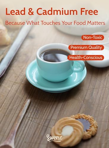 Sweese 2.5 Ounce Porcelain Stackable Espresso Cups with Saucers and Metal Stand Set of 4, Turquoise - color: Turquoise, size: 2.5 Ounces