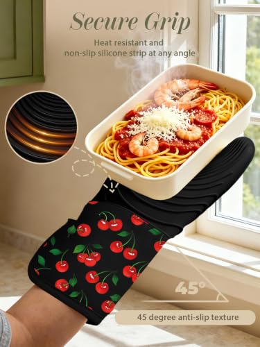 Slohif Long Silicone Oven Mitts Heat Resistant for Women - 2 Pcs Y2K Cherry 100% Cotton Oven Gloves, Non-Slip and Waterproof Silicone Oven Mitts with Hanger for Baking and Cooking - color: Black Red