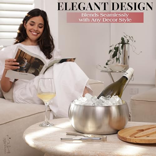 Gusto Nostro 4.1L Insulated Ice Bucket with Lid and Tongs, Double Wall Stainless Steel Ice Bucket Large, BPA Free Ice Bucket for Cocktail Bar, Keeps Champagne, Wine, Beer Chill for Parties - color: Silver