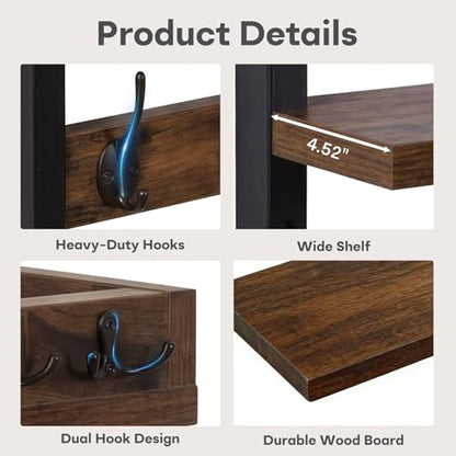 Coat Rack Wall Mount with Shelf & Mail Organizer,29 Inch Wall Shelf with 7 Coat Hooks and 4 Key Hooks for Entryway,Living Room,Bedroom,Offices(Rustic Brown) - color: Rustic Brown