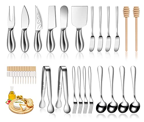 Silver Cheese Knife Set For Charcuterie Board Accessories, Stainless Steel Cheese Slicer And Butter Spreader knives Kit With Serving Tongs, Spoons, Forks, Flags Cheese Markers, Honey Dipper (23 Pack) - color: Silver