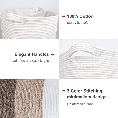 Cotton Rope Blanket Basket, 72L Laundry Hamper, White & Ombre Brown | 16"x 22", Large Collapsible Woven Nursery Hamper with Sturdy Handles for Clothes Toys Towels, Bedroom Living Room Bathroom - color: White & Gradient Brown, size: 72L (16"x22")