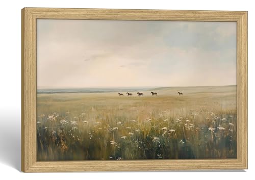 Prairie Horses Landscape Canvas Wall Art Framed Home Decor 24X16 Inch | Ready to Hang Vintage Running Horses Painting Prints Picture Poster Living Room Bedroom Entryway Hallway Foyer Entrance - color: Vintage Prairie Landscape 009, size: 24"L x 16"W