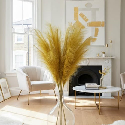 RyddeligHome Gold Pampas Grass Decor, 3 Stems x 115cm/45in | Faux Pampas Grass Tall Large Fluffy, Gold Feathers Floral Picks, Living Room Holiday Decor, Home Accent Decor