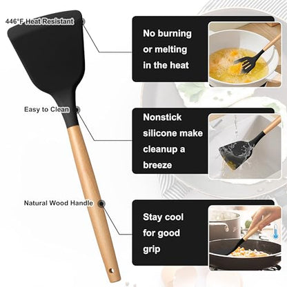 E-far Silicone Cooking Utensils Set, 10-Piece Black Kitchen Utensils Set with Wooden Handle for Nonstick Cookware, Heat Resistant Kitchen Nonstick Tools Spatula Whisk Tongs Ladle, Non-toxic & Healthy - color: Black, size: 10