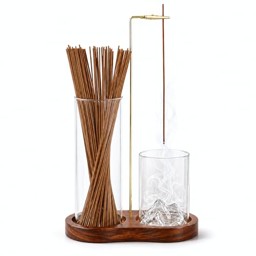 2-in-1 Walnut Wood Glass Incense Holder for Sticks, Anti-Ash Flying Incense Burner with Glass Ash Catcher & Incense Storage, Incense Stick Holder for Meditation, Yoga, Spa, and Home Decor - color: Walnut Wood