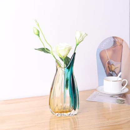 Hand Blown Glass Vase, Medium Wide Mouth Flower Vase Unique Modern Turquoise Glass Art Decor, Nonbreakable Vases for Table Centerpieces Living Room Decorative Amber and Teal Vase - size: Medium