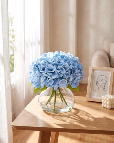 Hydrangea Artificial Flowers with Vase, Real Touch Latex, Blue | Lifelike Faux Water, Nearly Natural Leaves, Durable & Fade-Resistant, Home Office Table Centerpiece Decor - color: Blue