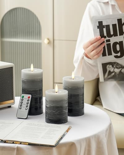 Stmarry Distressed Gradient Gray Flameless Candles with Remote and Timer, Real Wax Made LED Pillar Candles Battery Operated with 3D Flickering Flame - 3" x 4",5",6" - Set of 3 - color: Gradient Gray