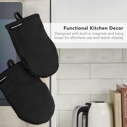 KITCHENAID Gourmet Series Gridlines Mini Oven Mitts 2-Pack Set, Heat Resistant up to 600°F, Soft Silicone Grip, Magnetic Cuff, Matte Black, 5.5"x9" - color: Matte Black