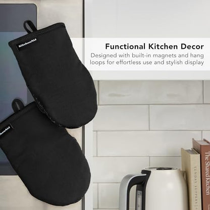 KITCHENAID Gourmet Series Gridlines Mini Oven Mitts 2-Pack Set, Heat Resistant up to 600°F, Soft Silicone Grip, Magnetic Cuff, Matte Black, 5.5"x9" - color: Matte Black